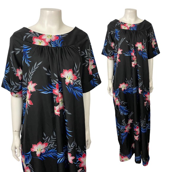 1980s Floral Hawaiian Muumuu Maxi Dress Boatneck / Women’s Medium - Picture 5 of 5